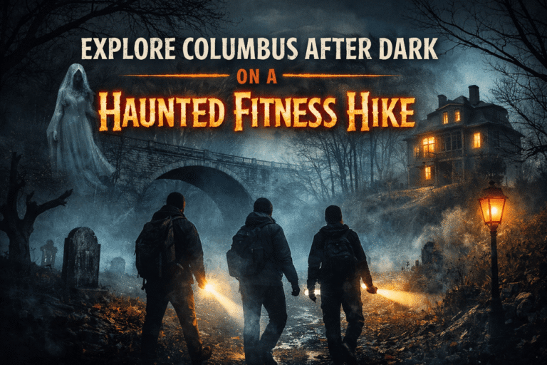 Ghost tours in Columbus, Ohio with an ominous house, a bridge and three people with flashlights