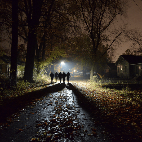 Ghost tour with people walking on a lonely path at night