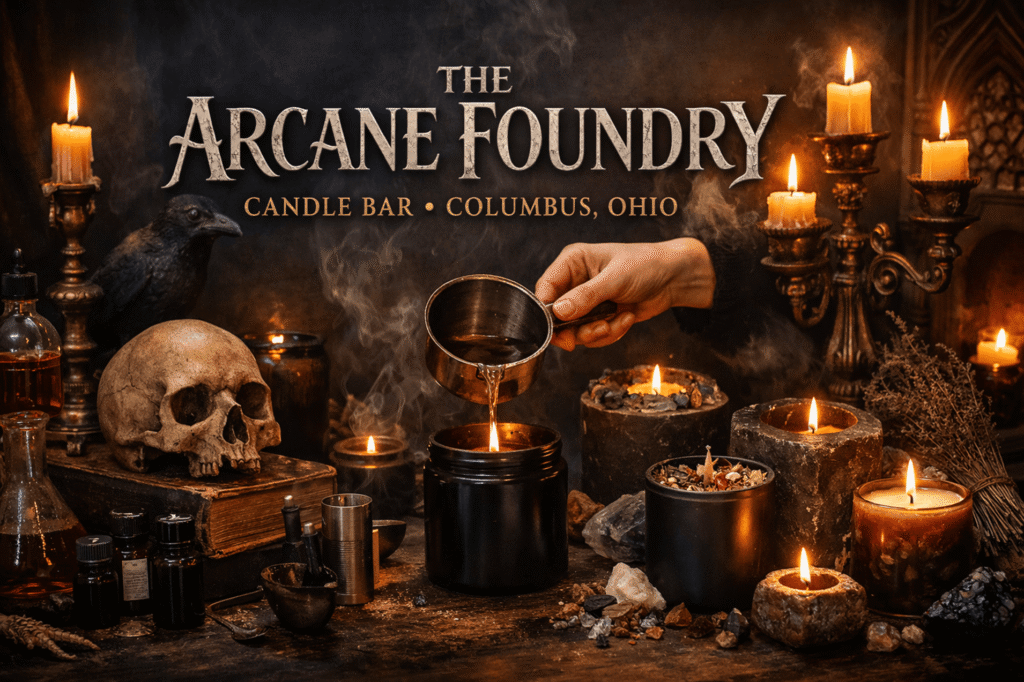 The Arcane Foundry Candle Bar in Columbus, Ohio with a skull, candles and wax poured into a vessel