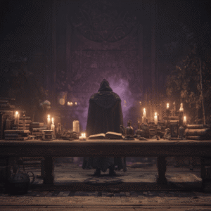 Wicked warlock in a ritual room with candles