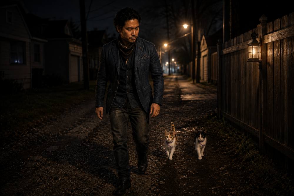 Blog 22 a man walking down the ally and calico cats are following him